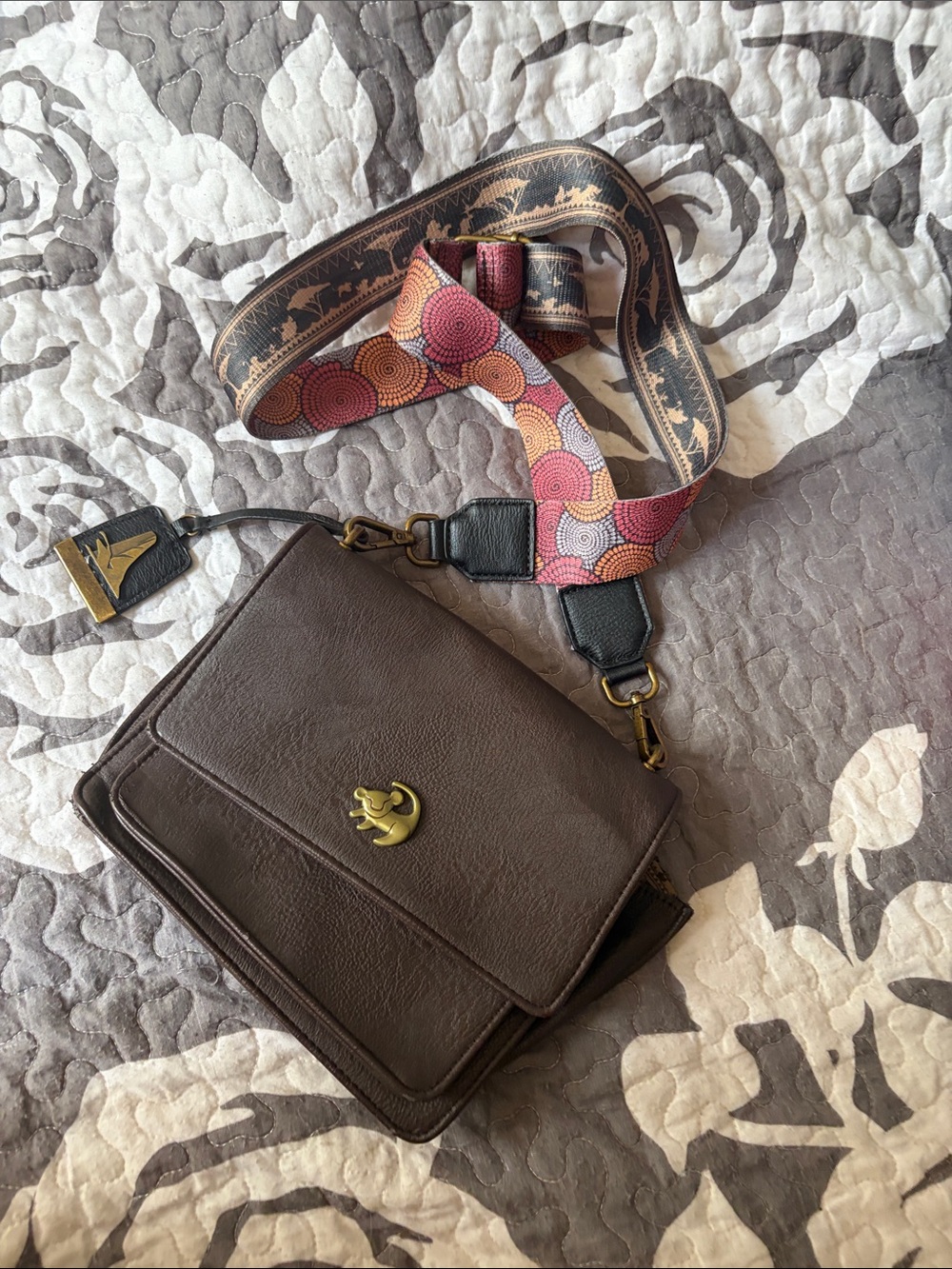 Loungefly Brown Crossbody Bag with Multicolor Patterned Strap